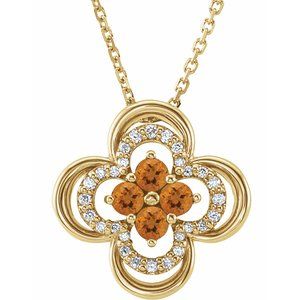 14K Yellow Natural Citrine &amp; .08 CTW Natural Diamond Clover 18" Necklace