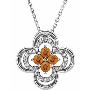 14K White Natural Citrine &amp; .08 CTW Natural Diamond Clover 18" Necklace