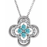 14K White Natural Blue Zircon &amp; .08 CTW Natural Diamond Clover 18" Necklace