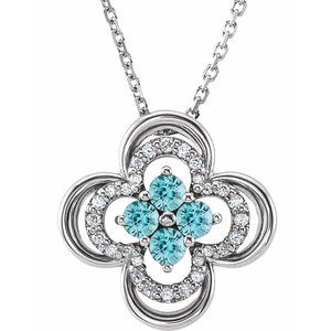 14K White Natural Blue Zircon &amp; .08 CTW Natural Diamond Clover 18" Necklace