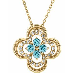 14K Yellow Natural Blue Zircon &amp; .08 CTW Natural Diamond Clover 18" Necklace