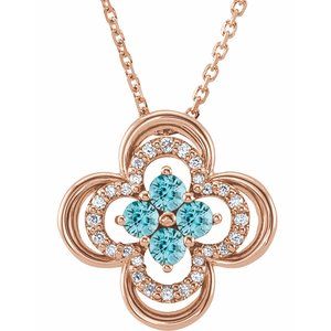14K Rose Natural Blue Zircon &amp; .08 CTW Natural Diamond Clover 18" Necklace
