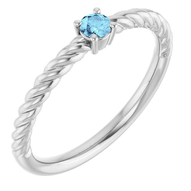 Sterling Silver 3mm Natural Aquamarine Solitaire Rope Ring