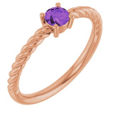 14K Rose 4mm Natural Amethyst Solitaire Rope Ring