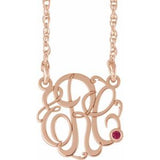 14K Rose 20 mm 3-Initials Imitation Ruby Script Monogram 18" Necklace