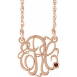 14K Rose Gold-Plated Sterling Silver 20 mm 3-Initials Imitation Mozambique Garnet Script Monogram 18" Necklace