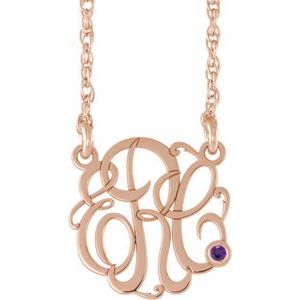 14K Rose Gold-Plated Sterling Silver 30 mm 3-Initials Imitation Amethyst Script Monogram 18" Necklace