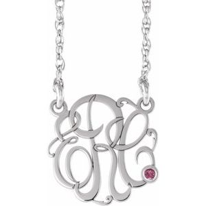 14K White 20 mm 3-Initials Imitation Pink Tourmaline Script Monogram 18" Necklace