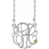 14K White 30 mm 3-Initials Imitation Peridot Script Monogram 18" Necklace