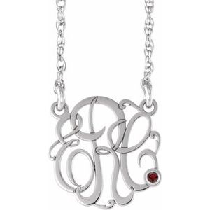 Rhodium-Plated Sterling Silver 30 mm 3-Initials Imitation Mozambique Garnet Script Monogram 18" Necklace