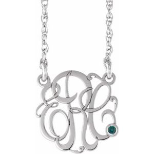 14K White 25 mm 3-Initials Imitation Alexandrite Script Monogram 18" Necklace