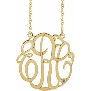 10K Yellow 30 mm 3-Initials Imitation Blue Zircon Script Monogram 18" Necklace