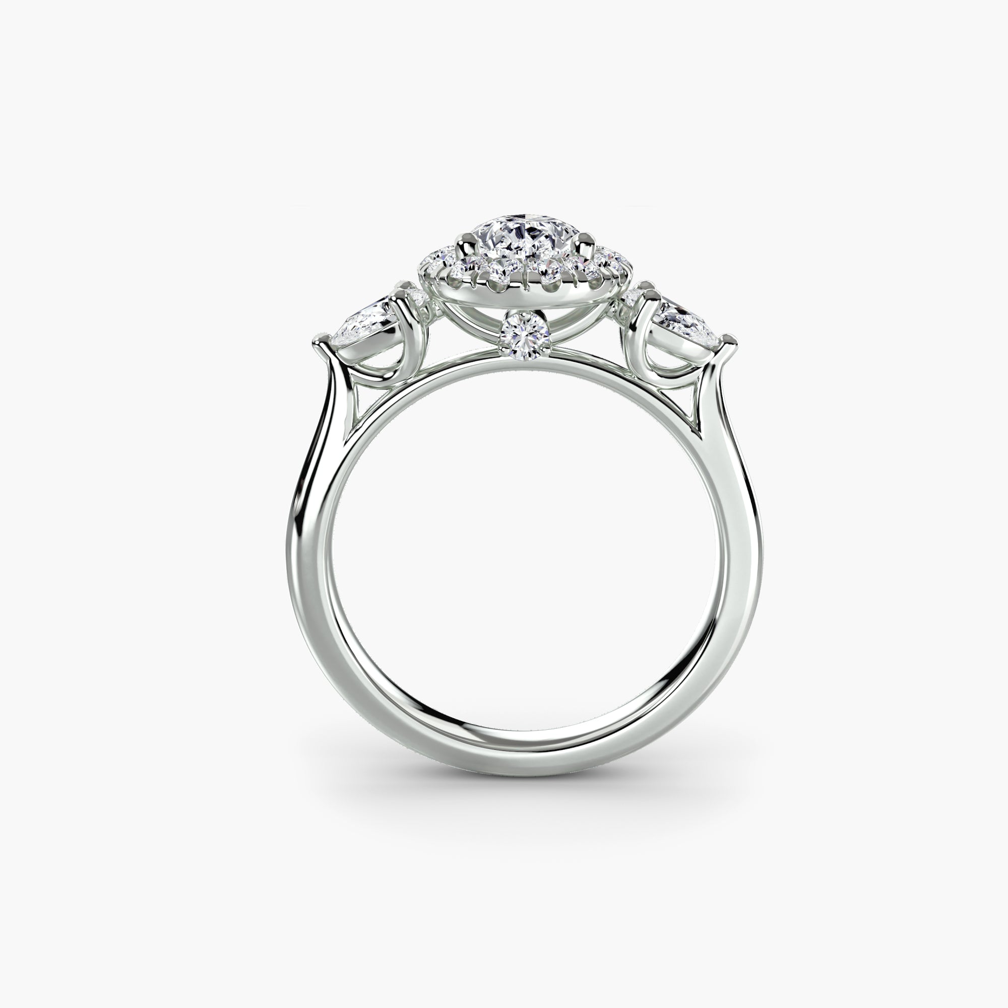 Three-stone ring with halo